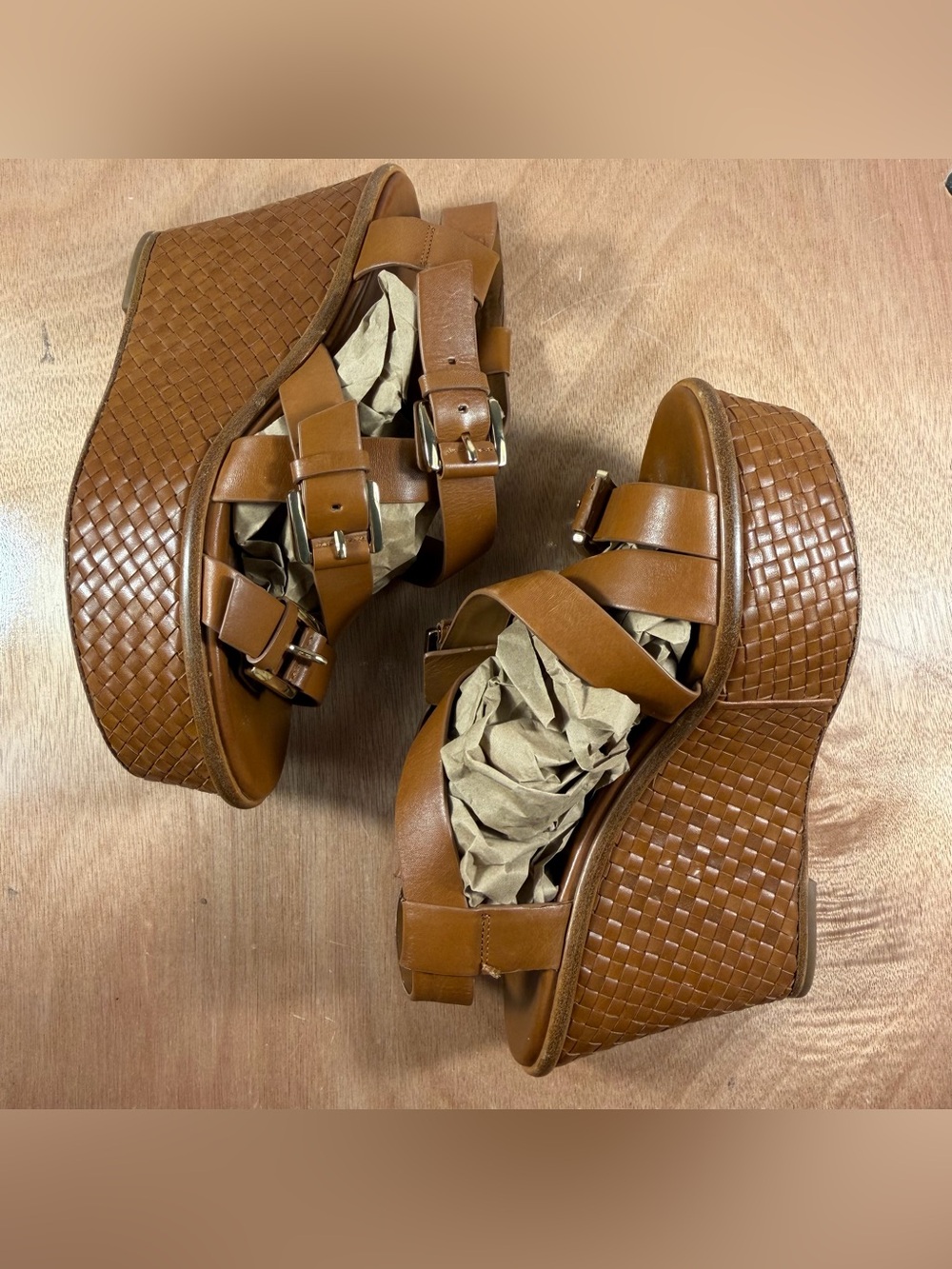 Michael Kors Collection Varick Brown Leather Platform Wedge Sandals Sz 37 Italy - Picture 2 of 16